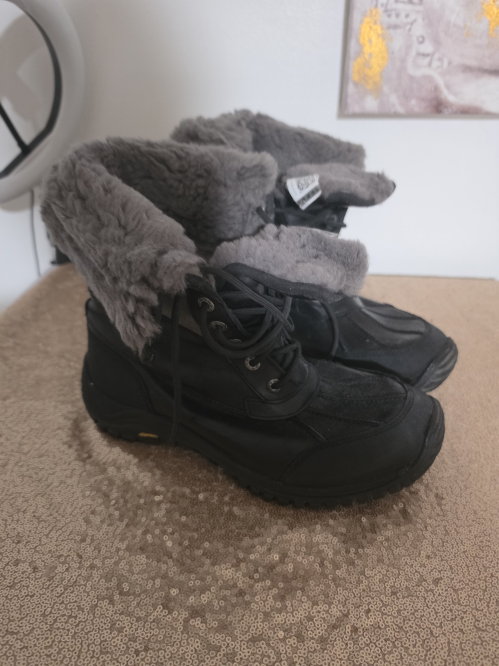 UGG Black Lace-Up Winter Ankle Boots with Gray Fur Cuff